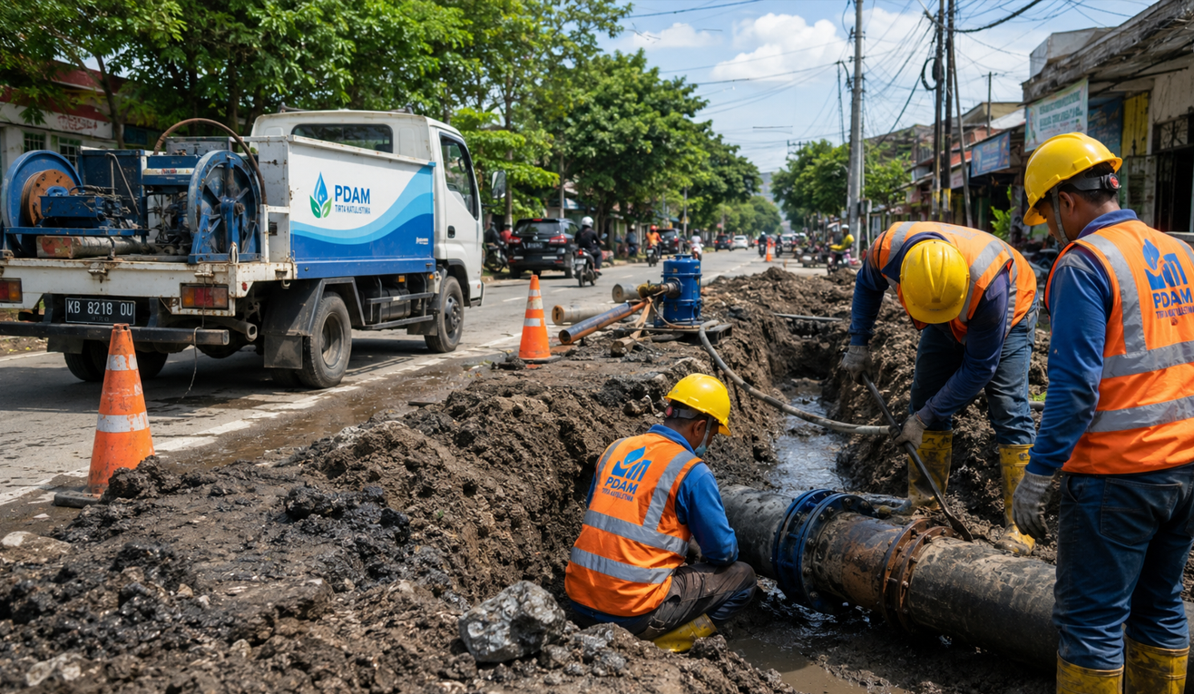 PDAM Tirta Khatulistiwa Perbaiki Pipa Bocor di Jalan Parit Haji Husin 2