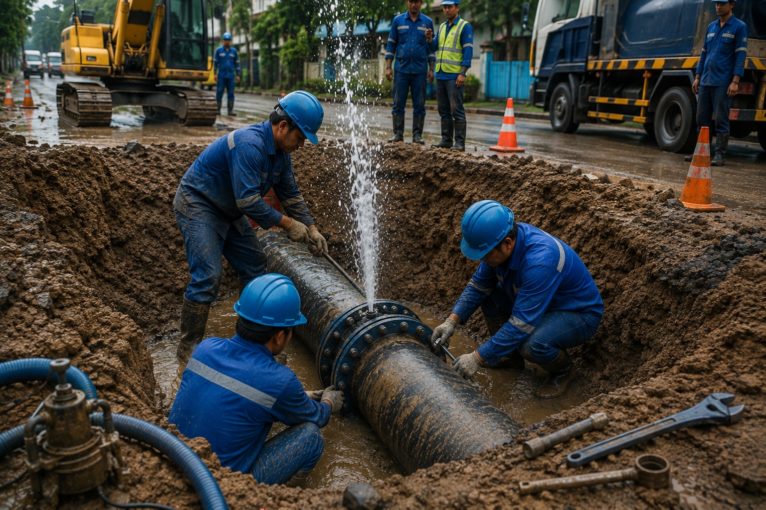 Perumda Tirta Khatulistiwa Tangani Kebocoran Pipa PVC 400 MM di Booster Dharma Putra 