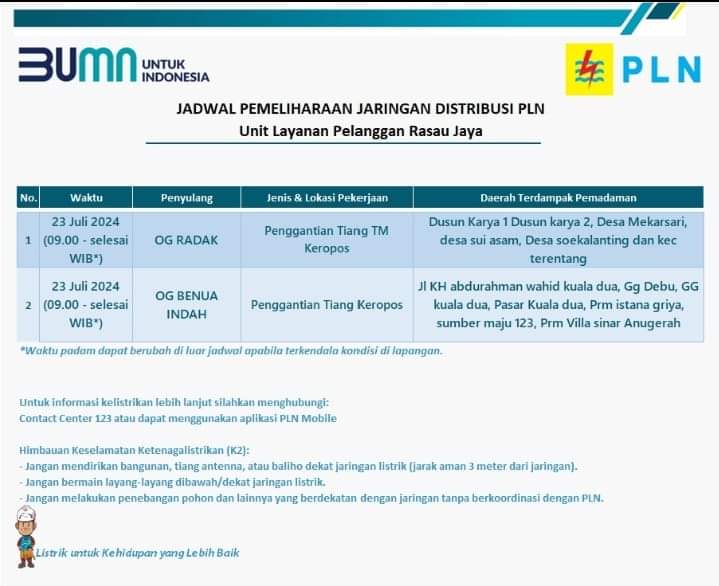 PLN Akan Melakukan Pemeliharaan Jaringan Distribusi di Beberapa Wilayah Kubu Raya Hari Ini Selasa 23 Juli 2024