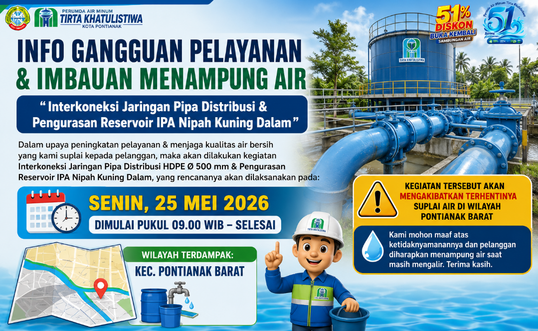 PDAM Informasikan Gangguan Pelayanan Air di Pontianak Barat 25 Mei 2026
