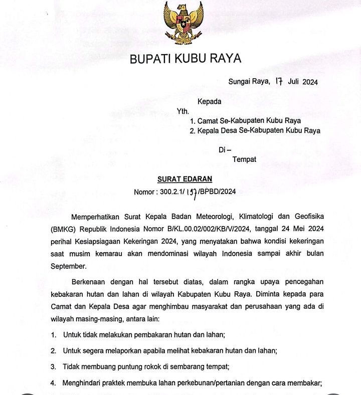 Surat Edaran Bupati Kubu Raya: Camat dan Desa Harus Kongkrit Mencegah Terjadinya Karhutla