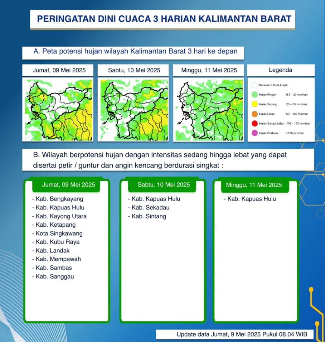 BMKG Kalimantan Barat Keluarkan Peringatan Dini Cuaca Tiga Hari ke Depan, 9–11 Mei 2025