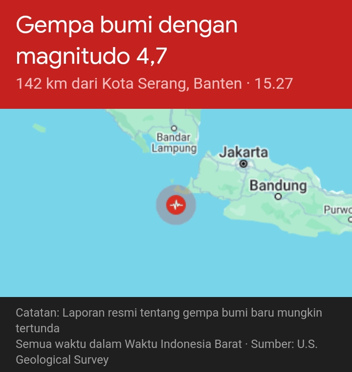 Gempa terbaru di Banten, telah mencapai magnitudo 4.8 skala Richter