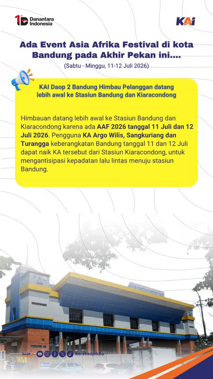 KAI Daop 2 Imbau Penumpang Datang Lebih Awal Saat Asia Afrika