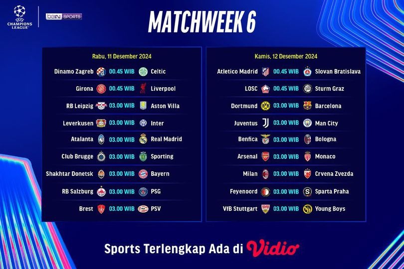 Link Live Streaming dan Jadwal Lengkap Liga Champions 2024/25 Matchday ke-6