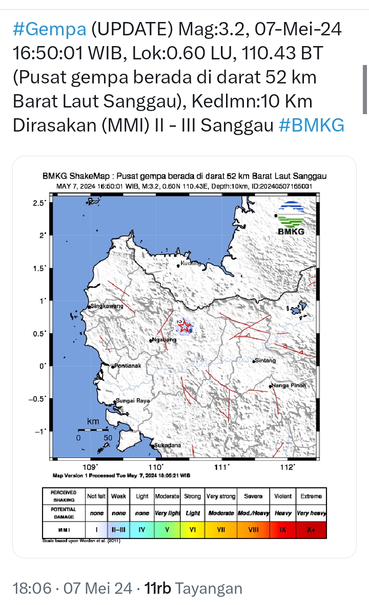 Gempa 3,2 Skala Richter Terjadi di Sanggau, Intens di Kecamatan Balai Karangan 