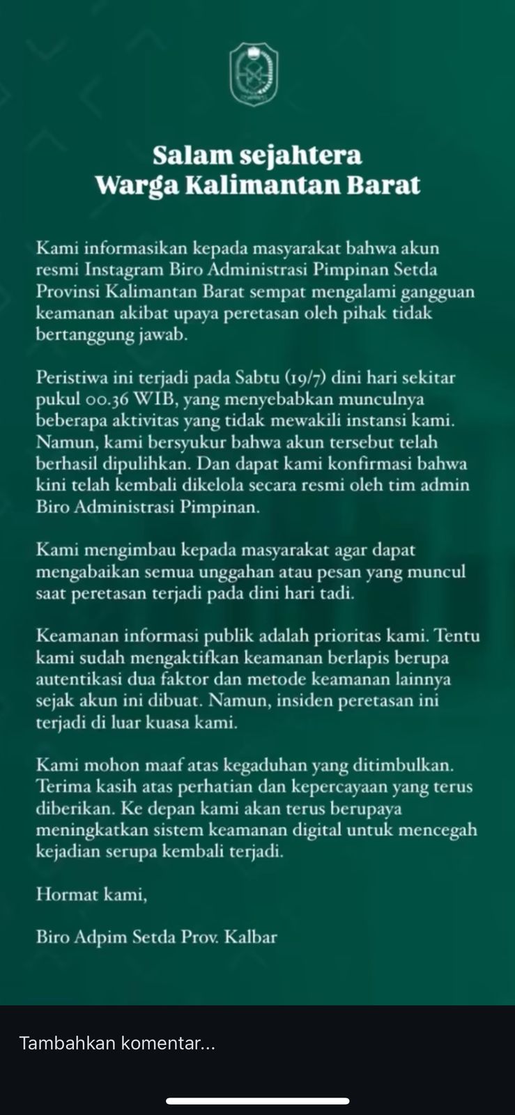 Klarifikasi Adpim Kalbar Terkait Akun Dibajak, Netizen: Alasan Gak Masuk Akal