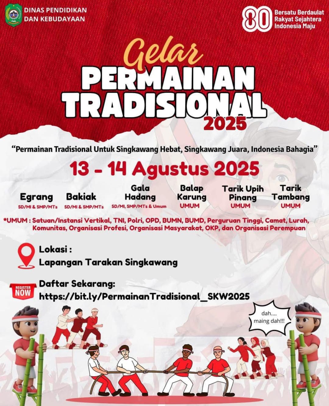 Meriahkan HUT RI ke-80, Dinas Pendidikan Singkawang Gelar Permainan Tradisional