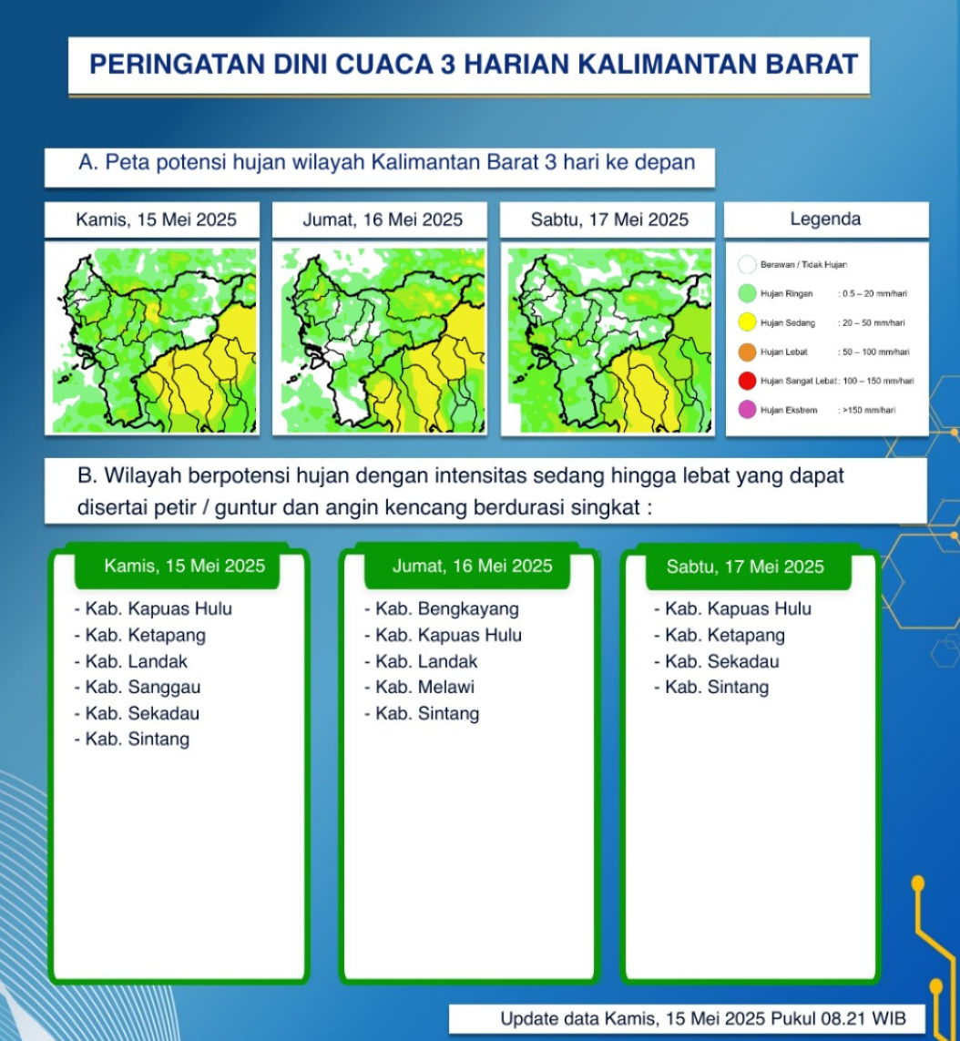 BMKG Kalimantan Barat Keluarkan Peringatan Dini Cuaca Tiga Hari ke Depan, 15-17 Mei 2025