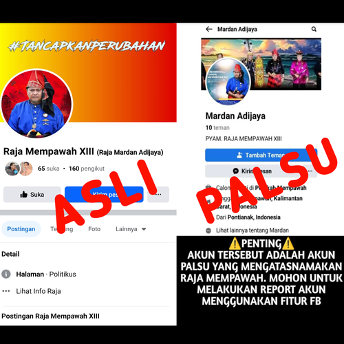 Akun FB Palsu Atas Namakan Mardan Adijaya (PYAM Raja Mempawah XIII), Masyarakat Diminta untuk Report Akun 