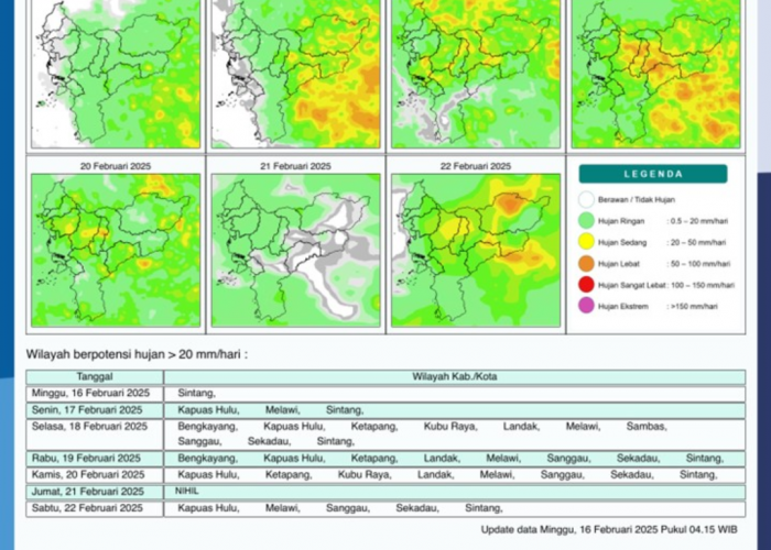 BMKG Rilis Potensi Hujan Harian di Kalimantan Barat Seminggu ke Depan, 16 - 22 Februari 2025