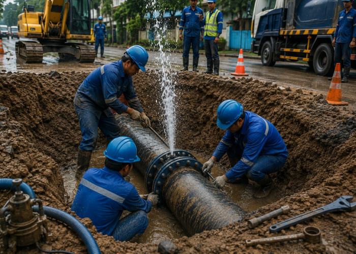 Perumda Tirta Khatulistiwa Tangani Kebocoran Pipa PVC 400 MM di Jalan Budi Utomo