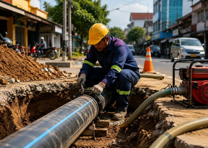 Perumdam Tirta Khatulistiwa Lakukan Perbaikan Pipa Bocor di Simpang Jalan Komodor Yos Sudarso dan Jalan Karet