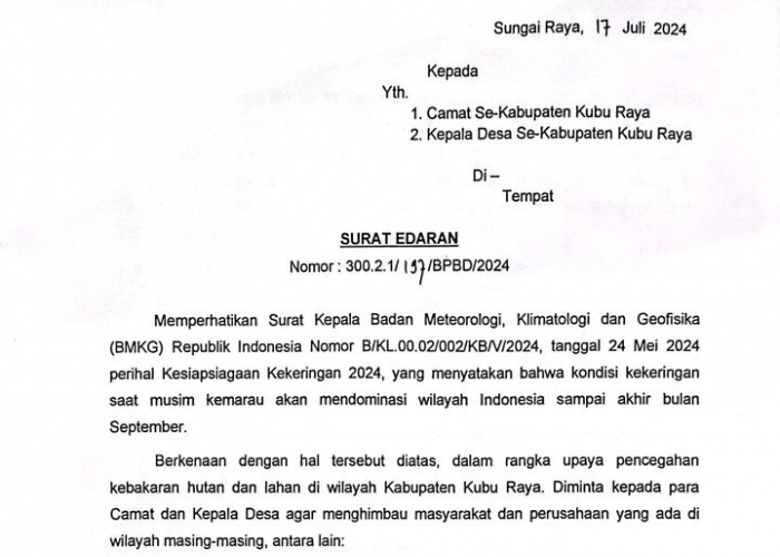 Surat Edaran Bupati Kubu Raya: Camat dan Desa Harus Kongkrit Mencegah Terjadinya Karhutla