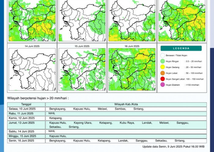 BMKG Rilis Potensi Hujan Harian di Kalimantan Barat Seminggu ke Depan, 11-16 Juni 2025