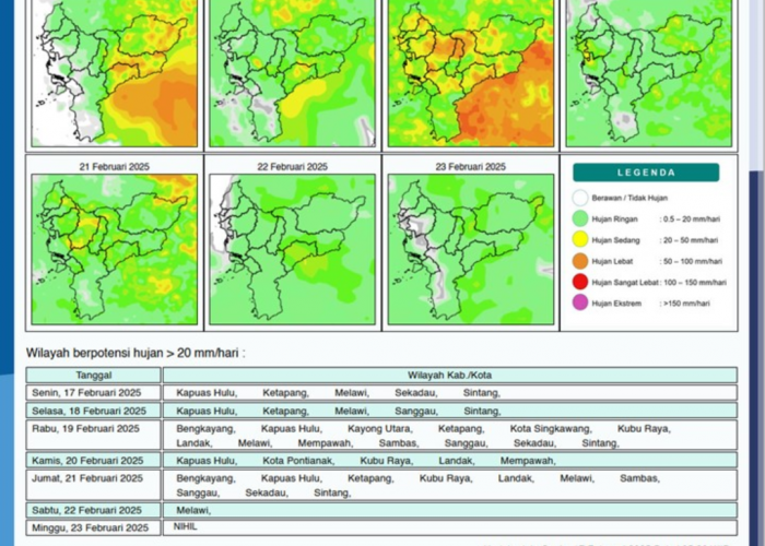 BMKG Rilis Potensi Hujan Harian di Kalimantan Barat Seminggu ke Depan, 17 - 23 Februari 2025