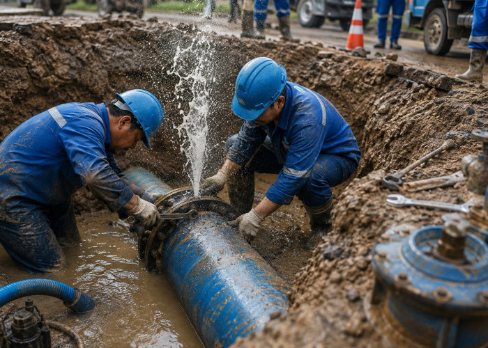 Perumda Tirta Khatulistiwa Perbaiki Pipa Bocor PVC 300 MM di Jalan Budi Utomo