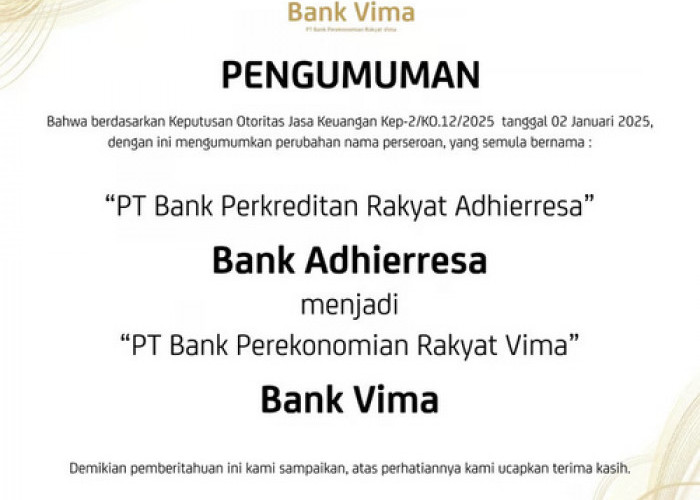 Perubahan Nama dan Logo PT Bank Perkreditan Rakyat Adhierresa menjadi PT Bank Perekonomian Rakyat Vima