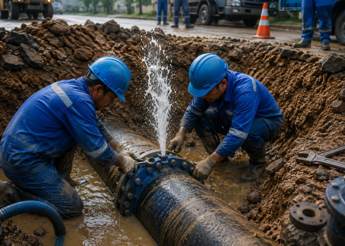 Perumda Tirta Khatulistiwa Perbaiki Pipa Bocor PVC 400 MM di Jalan Budi Utomo