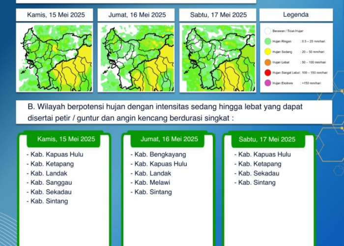 BMKG Kalimantan Barat Keluarkan Peringatan Dini Cuaca Tiga Hari ke Depan, 15-17 Mei 2025