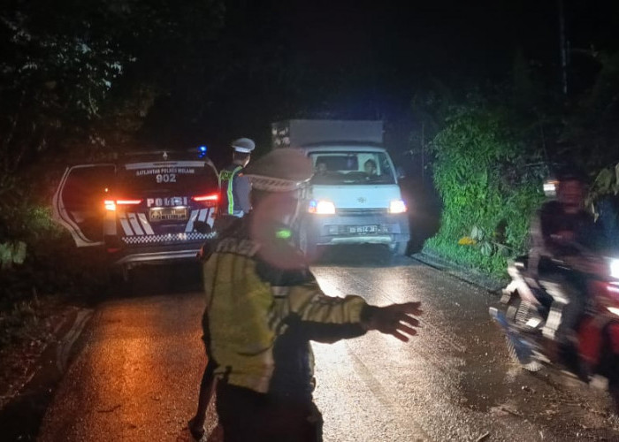 Polisi Singkirkan Pohon Tumbang Sebebkan Kemacetan di Jalan Provinsi Desa Pemuar