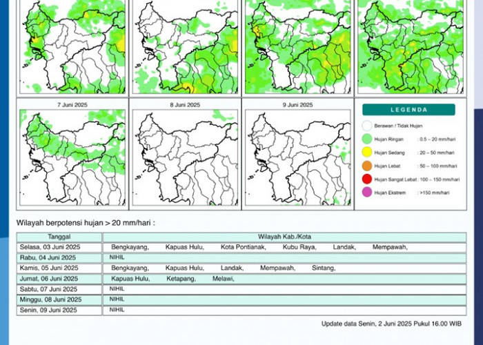 BMKG Rilis Potensi Hujan Harian di Kalimantan Barat Seminggu ke Depan, 3–9 Juni 2025