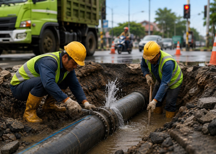 Perumda Tirta Khatulistiwa Lakukan Perbaikan Pipa Bocor PVC 250 MM di Jalan Selat Panjang