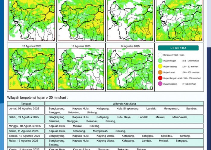 BMKG Rilis Potensi Hujan Harian di Kalimantan Barat 8–14 Agustus 2025